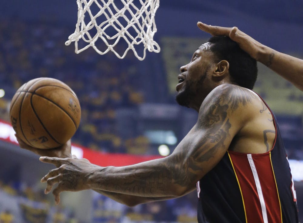Miami Heat forward Udonis Haslem shoots against the Indiana Pacers during the first half of Game 5 of the Eastern Conference finals.