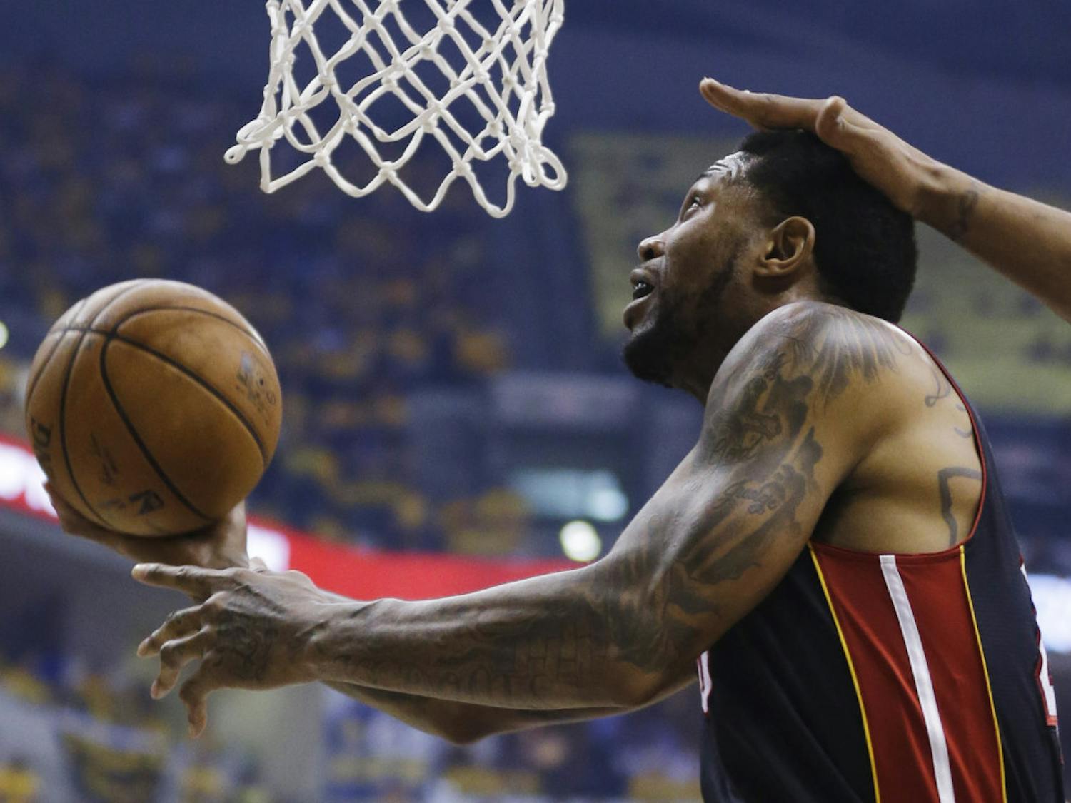 Miami Heat forward Udonis Haslem shoots against the Indiana Pacers during the first half of Game 5 of the Eastern Conference finals.