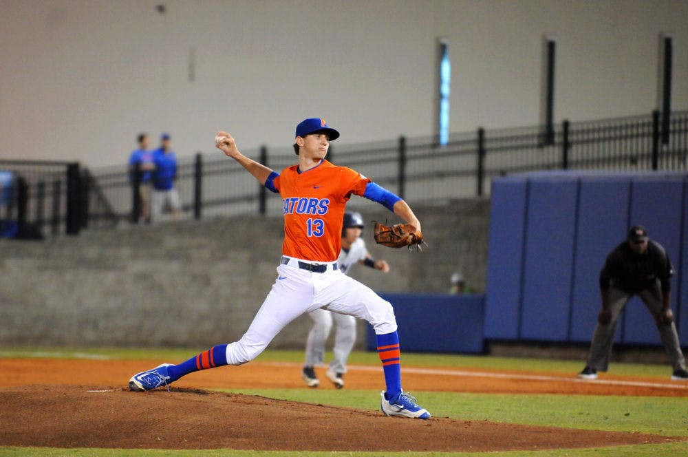 Jackson Kowar pitches during Florida's 5-4 win over North Florida on March 9, 2016, at McKethan Stadium.