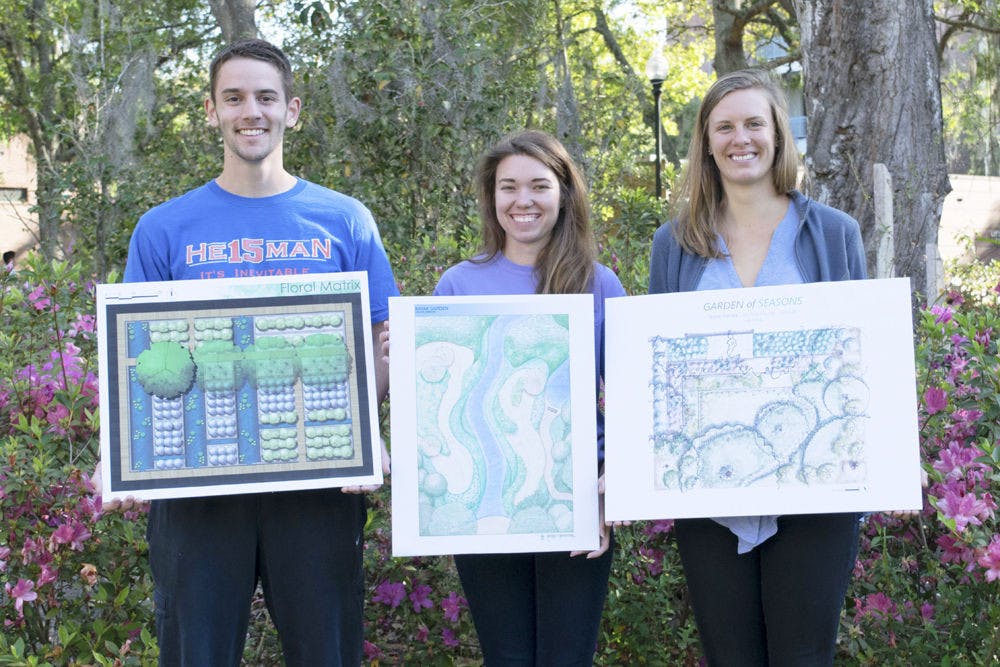 <p>From left, Florida Association of Native Nurseries: Real Florida Landscapes Design Competition winners, Collin Bowie, the South Florida award winner; Crystal Simmons, the Central Florida award winner and Lea Kindt, the North Florida award winner, pose for a photo with their winning designs for a Florida landscape.</p>