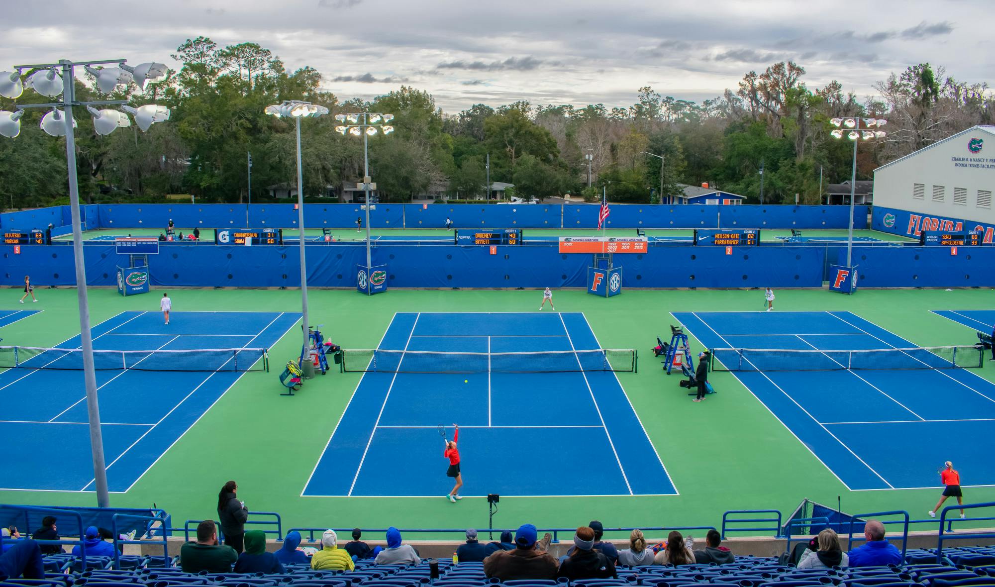 UF Women&#x27;s Tennis players line the court during the Florida Invitational on Jan. 11, 2025. (Credit: Kade Sowers)