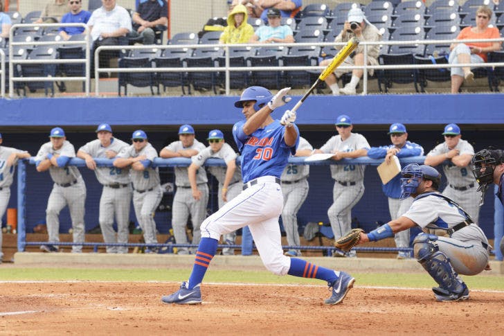 Senior Vickash Ramjit swings during Florida’s 7-4 loss to Florida Gulf Coast on Feb. 24 at McKethan Stadium. Ramjit is batting .302 with two home runs and 12 RBI this season.