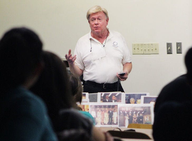Jan Kasoff, a former chief cameraman for “Saturday Night Live,” speaks to UF students Tuesday night at Williamson Hall. Kasoff worked for “SNL” for 26 years, and Tuesday he shared stories and behind-the-scenes video footage with students.