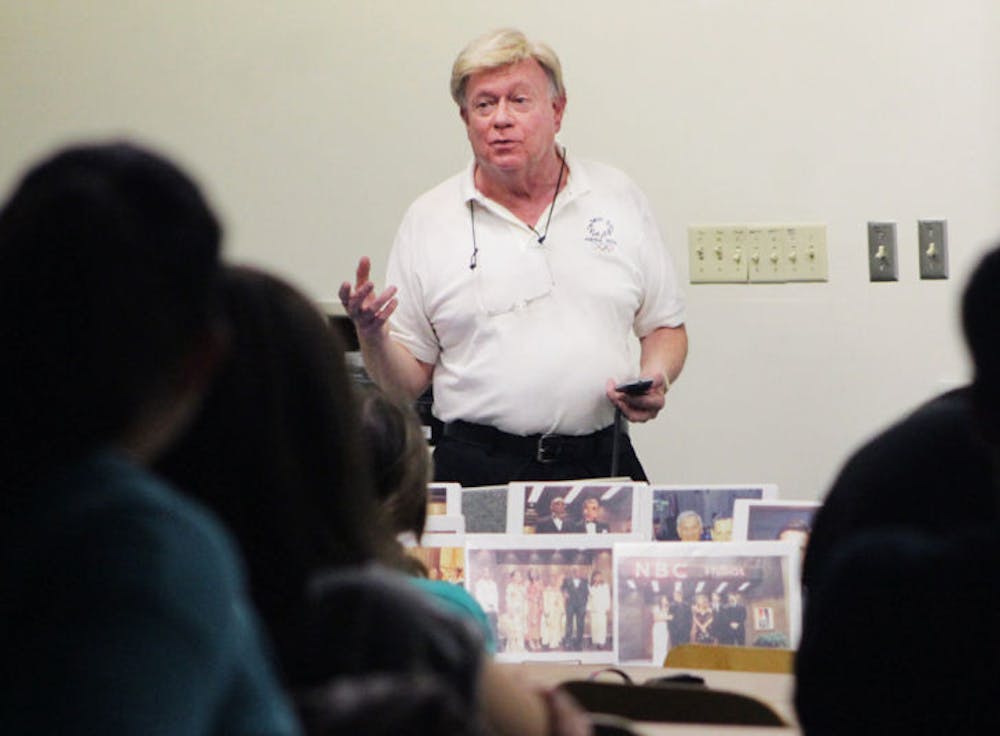 <p>Jan Kasoff, a former chief cameraman for “Saturday Night Live,” speaks to UF students Tuesday night at Williamson Hall. Kasoff worked for “SNL” for 26 years, and Tuesday he shared stories and behind-the-scenes video footage with students.</p>