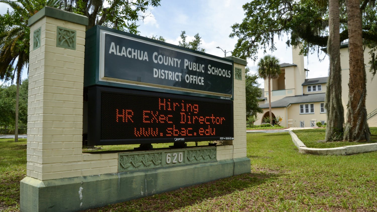 A sign in front of the Alachua County Public Schools district office building is seen Sunday, June 6, 2021.