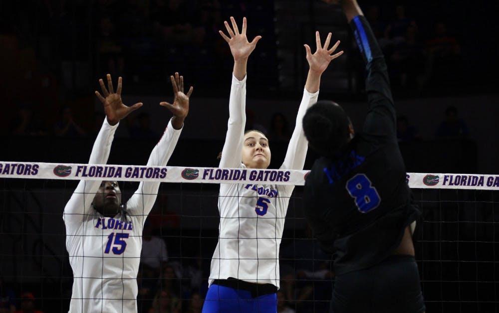 Florida middle blocker Rachael Kramer (5) was a part of six of the team’s 10 blocks in Sunday’s three-set sweep over Georgia in Athens.
