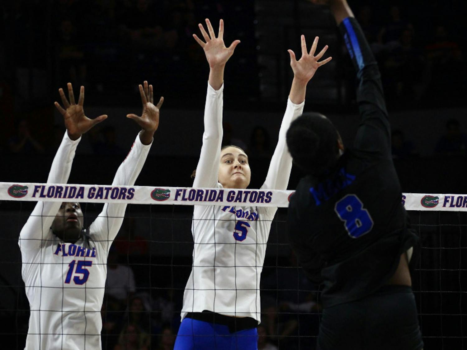 Florida middle blocker Rachael Kramer (5) was a part of six of the team’s 10 blocks in Sunday’s three-set sweep over Georgia in Athens.