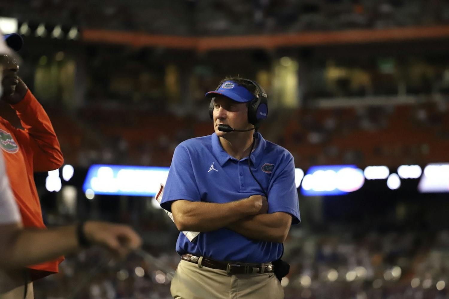 Florida head coach Dan Mullen reacts after FAU scores its first touchdown.