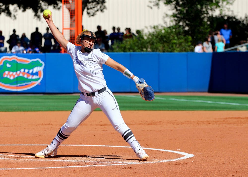 Kelly Barnhill pitches during Florida's 5-0 win over Georgia on April 8, 2017, at Katie Seashole Pressly Stadium.