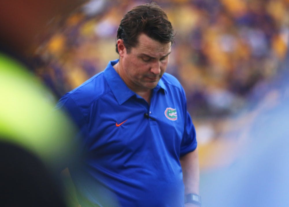 <p>UF coach Will Muschamp reflects after No. 17 Florida's 17-6 loss to No. 10 LSU on Saturday in Tiger Stadium in Baton Rouge, La.</p>