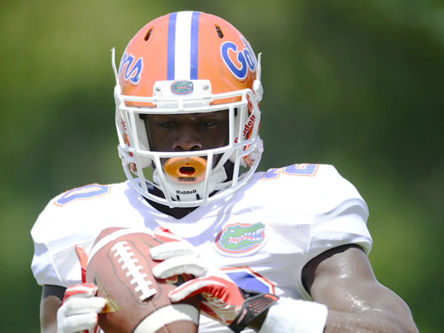 Redshirt freshman safety Marcus Maye catches passes in a drill during practice on Monday. Maye and junior Cody Riggs are the projected starters at safety after three weeks of practice.