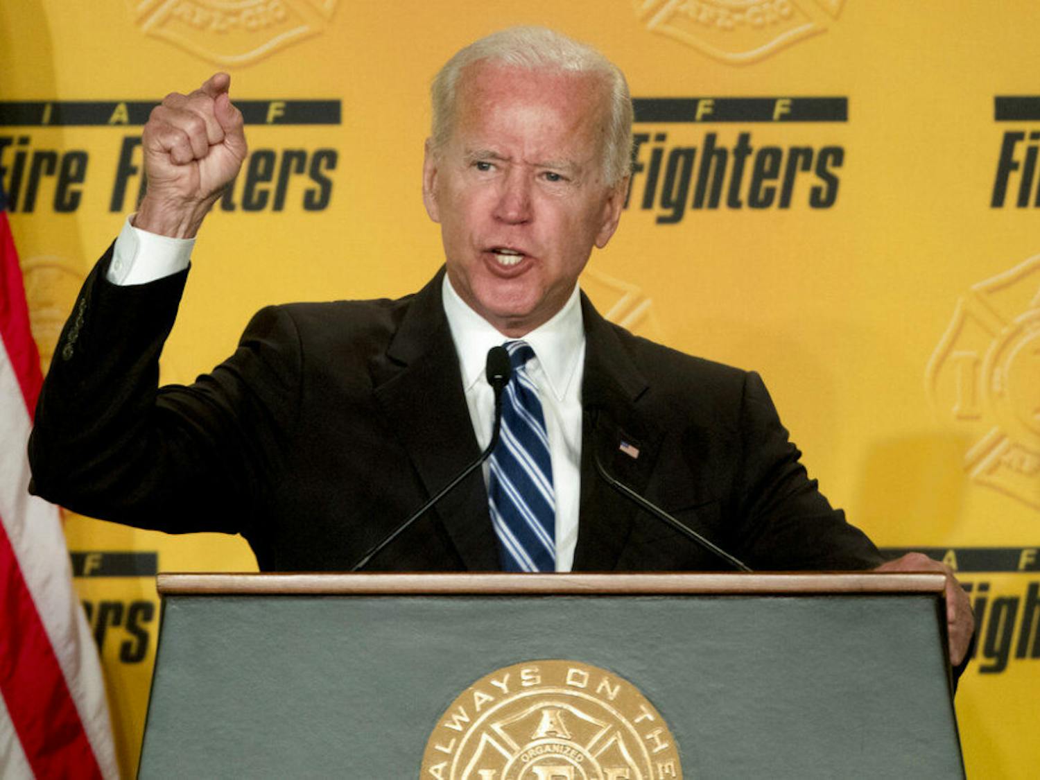 FILE - In this March 12, 2019, file photo, former Vice President Joe Biden speaks to the International Association of Firefighters at the Hyatt Regency on Capitol Hill in Washington. Biden says he does not recall kissing a Nevada political candidate on the back of her head in 2014. The allegation was made in a New York Magazine article written by Lucy Flores, a former Nevada state representative and the 2014 Democratic nominee for Nevada lieutenant governor. Flores says Biden’s behavior “made me feel uneasy, gross, and confused.”(AP Photo/Andrew Harnik, File)