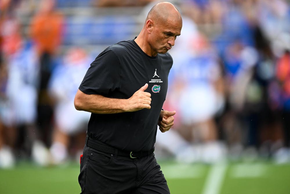 Florida Gators wide receivers coach Billy Gonzales during warmups before a football game between the Texas Longhorns and the Florida Gators on Saturday, Oct. 4th, 2025, at Ben Hill Griffin Stadium in Gainesville, Fla.