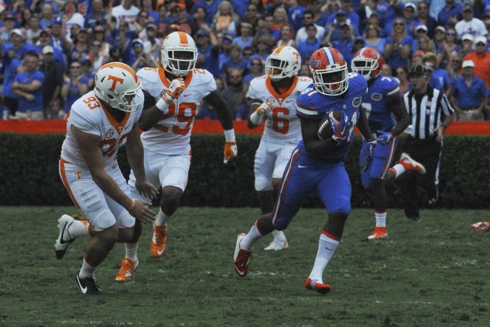 <p>UF wide receiver Antonio Callaway returns a punt during Florida&#x27;s 28-27 win against Tennessee on Sept. 26, 2015, at Ben Hill Griffin Stadium. Callaway&#x27;s touchdown run against UT is known as one of Mick Hubert&#x27;s greatest calls.</p>