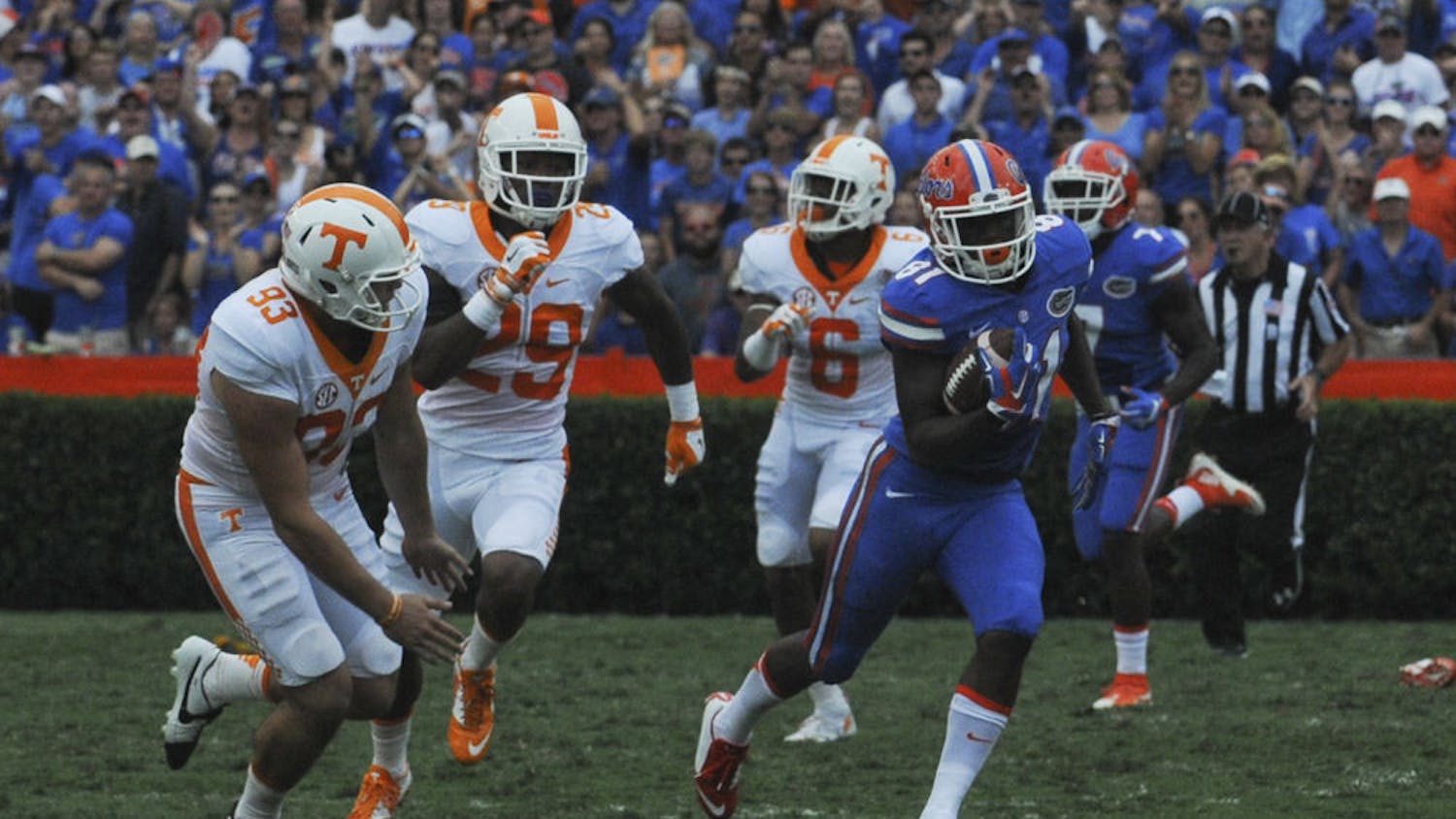UF wide receiver Antonio Callaway returns a punt during Florida&#x27;s 28-27 win against Tennessee on Sept. 26, 2015, at Ben Hill Griffin Stadium. Callaway&#x27;s touchdown run against UT is known as one of Mick Hubert&#x27;s greatest calls.