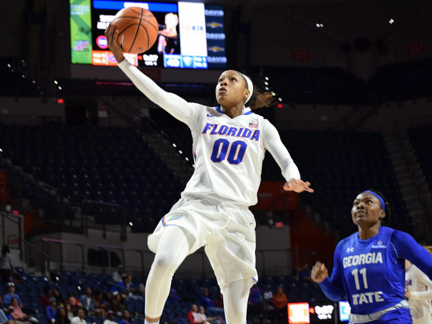 Delicia Washington was efficient from the floor, hitting 4-of-7 shots for 12 points, while coming away with 12 rebounds and serving up 10 assists to record the Gators’ third triple-double in program history.