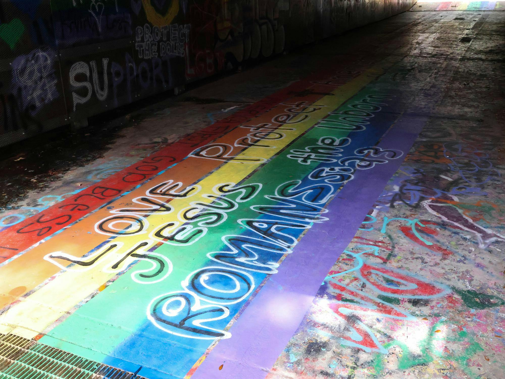 Rainbow Crosswalk defaced at the University of Florida’s Norman Hall Tunnel located on 13th Street on September 1st, 2025.