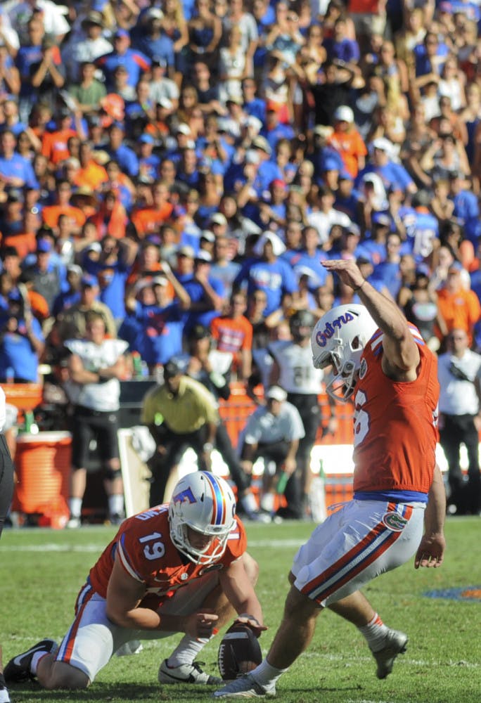 UF's Austin Hardin kicks the game-winning field goal during the fourth quarter of Florida's 9-7 win against Vanderbilt on Nov. 7, 2015, at Ben Hill Griffin Stadium.