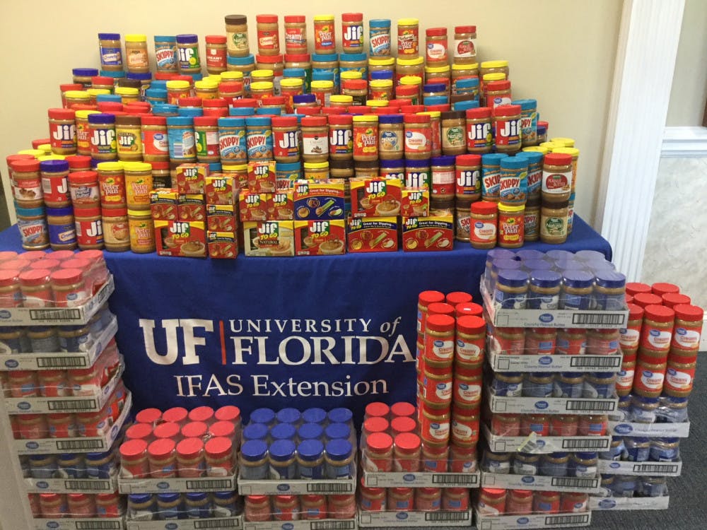 <p><span id="docs-internal-guid-1a2c2b29-7fff-78ab-0976-8acc6384fb90"><span>UF’s Institute of Food and Agricultural Sciences</span> <span>collected peanut butter set for donation in the northwest Florida district in 2017. That year, 8,910 pounds of peanut butter were donated.</span></span></p>