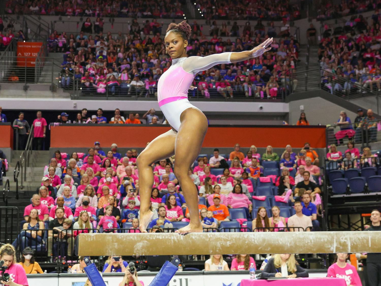 Florida gymnast Trinity Thomas performs her beam routine in the Gators' win against the Missouri Tigers Friday, Feb. 11, 2023.