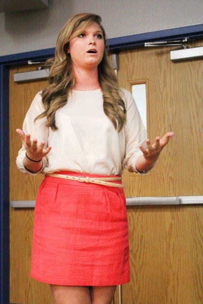 Senate President Lauren Verno presents her plan to improve the Student Government brand. Her ideas included creating senator profiles and hosting workshops.