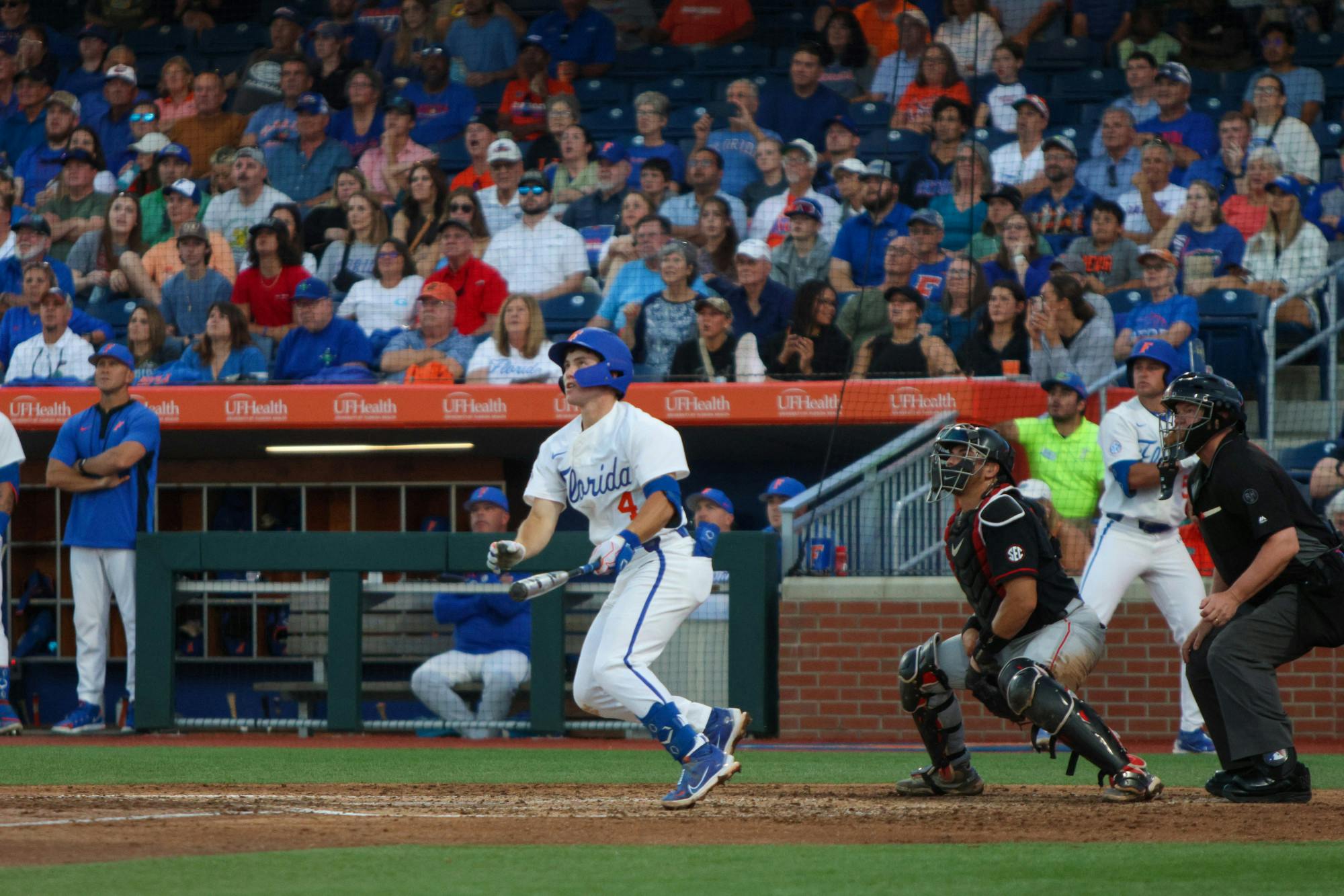 Florida second baseman Cade Kurland watches his hit during the Gators' 13-11 loss to the Georgia Bulldogs Friday, April 14, 2023