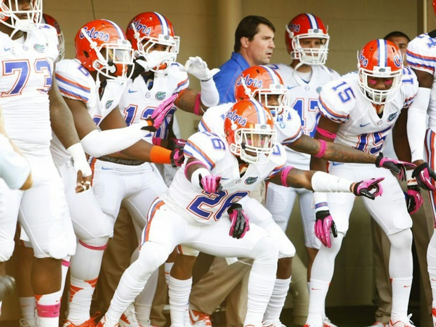 Safety De'Ante Saunders (26) readies to lead his team out of the tunnel at Vanderbilt Stadium in Nashville, Tenn., on Saturday. The Gators defeated the Commodores 31-17. Florida moved to No. 2 in the BCS rankings on Monday.