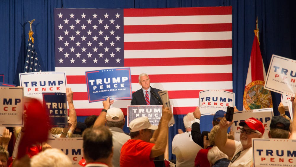 <p>Republican Vice Presidential Nominee Mike Pence addresses a crowd of more than 800 at The Villages on Saturday. </p>