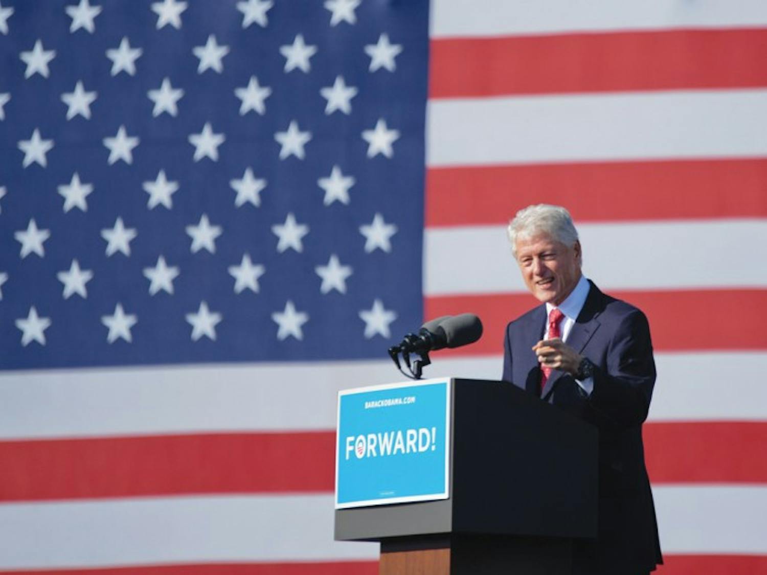Former President Bill Clinton, who was scheduled to appear with President Barack Obama, spoke to a crowd of about 7,600 supporters at the University of Central Florida.