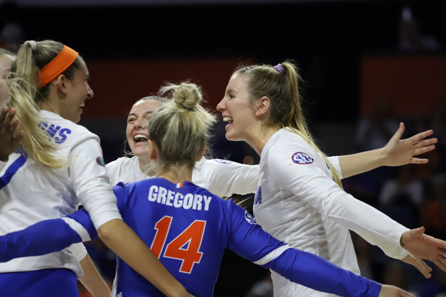 The Gators celebrate a successful play at home against Texas A&amp;M in 2019.