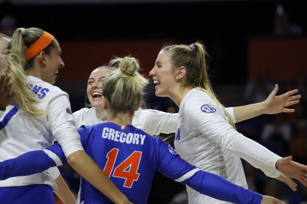<p>The Gators celebrate a successful play at home against Texas A&amp;M in 2019.</p>