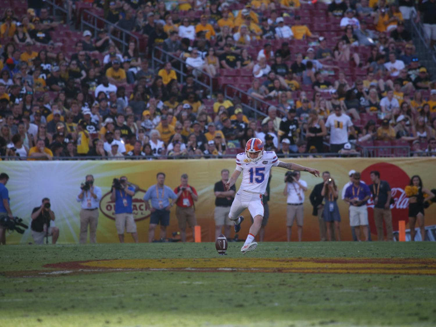 Eddy Pineiro kicks off during UF's 30-3 win over Iowa in the Outback Bowl on Jan. 2, 2017, at Raymond James Stadium.