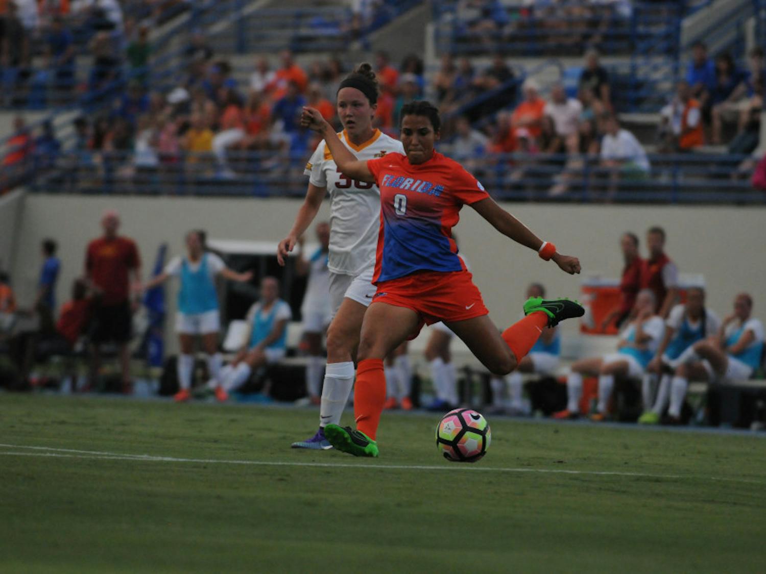 UF midfielder Briana Solis takes a shot during Florida's 5-2 win against Iowa State on Aug. 19, 2016, at James G. Pressly Stadium.