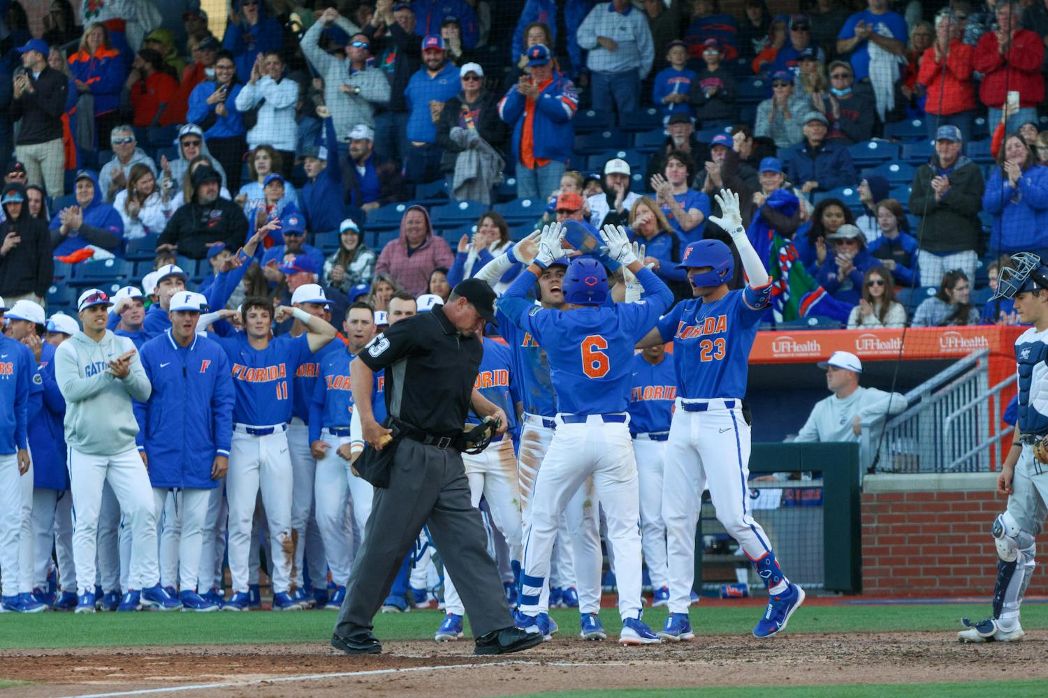 Florida infielder Tyler Shelnut celebrates with his teammates after he hit a home run in the Gators&#x27; 16-2 win against the Charleston Southern Buccaneers Saturday, Feb. 18, 2023.