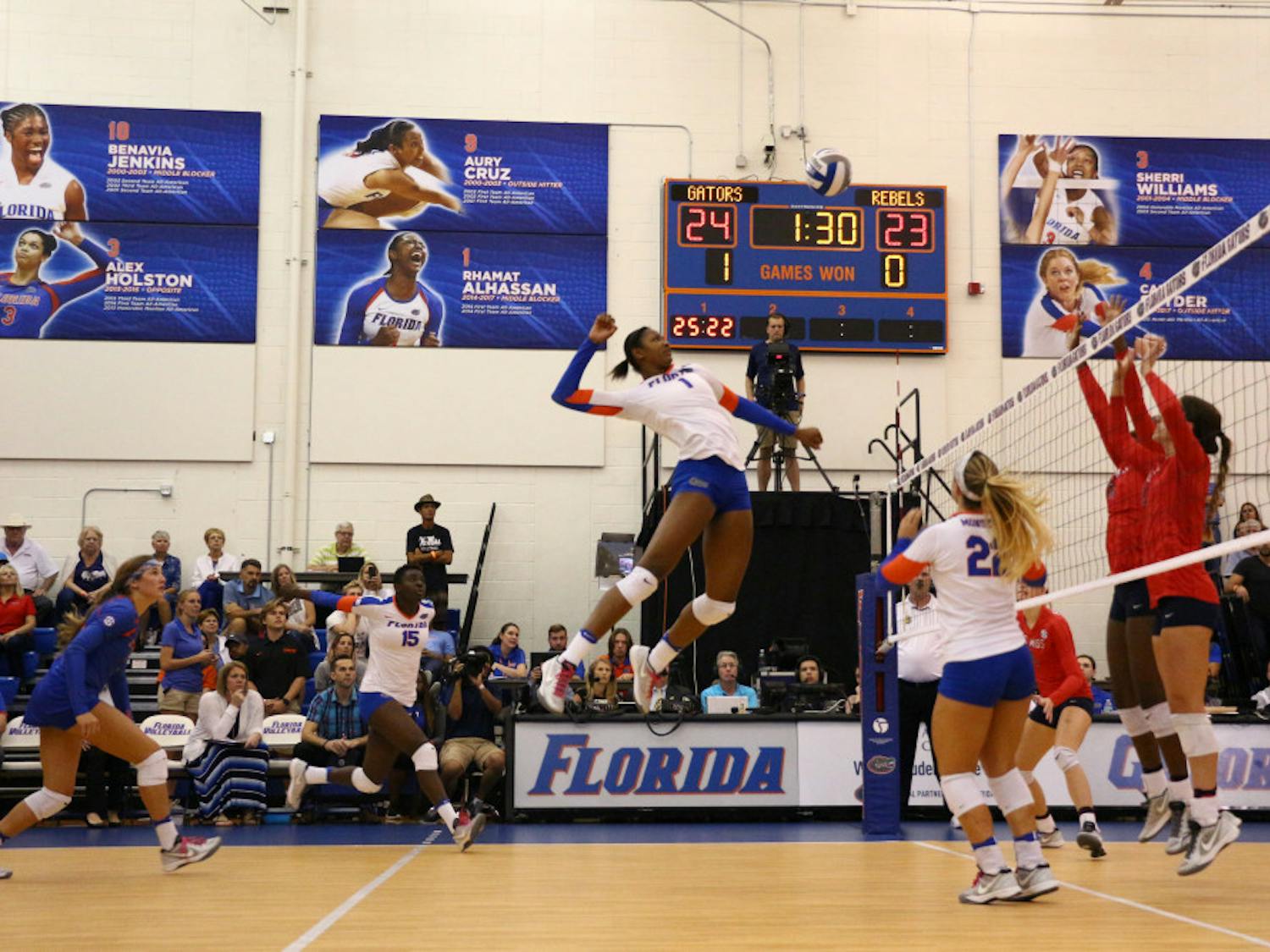 Rhamat Alhassan jumps for a kill during Florida's 3-0 win over Ole Miss on Oct. 28, 2016.
