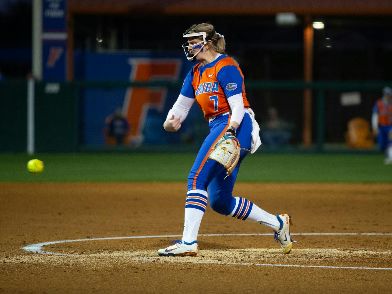Florida softball freshman right-handed pitcher Keagan Rothrock pitches the ball in the Gators' loss to Oklahoma State on Monday, February 19, 2024. 