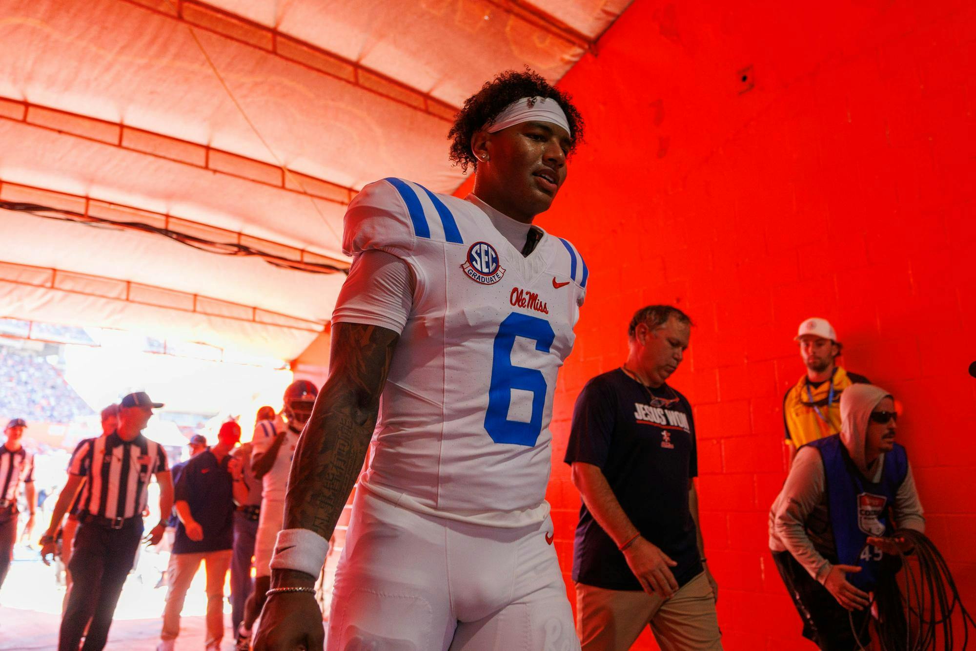 Ole Miss quarterback Trinidad Chambliss (6) walks through the Florida tunnel before an NCAA college football game against Florida, Saturday, Sept. 26, 2026, in Gainesville, Fla.