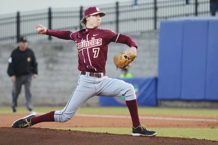 Right-hander Luke Weaver pitches during Florida’s 4-1 loss to Florida State on Tuesday night at McKethan Stadium.