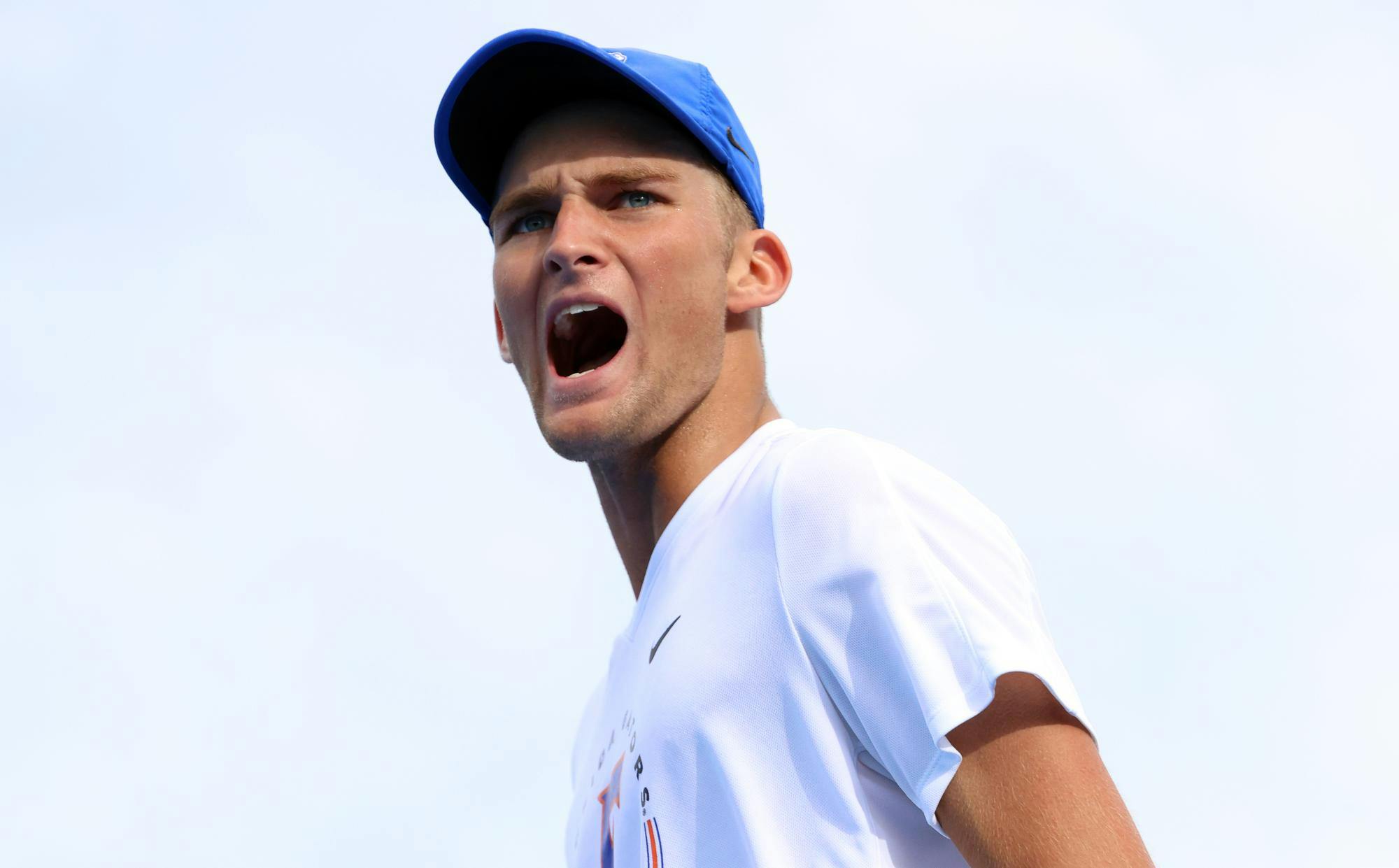 UF tennis' Henry Jefferson celebrates during his head-to-head match against South Florida's Ettore Danesi. Their match was the only one on Saturday to go to three sets, with Jefferson sealing the Gators’ victory over the Bulls Jan. 17