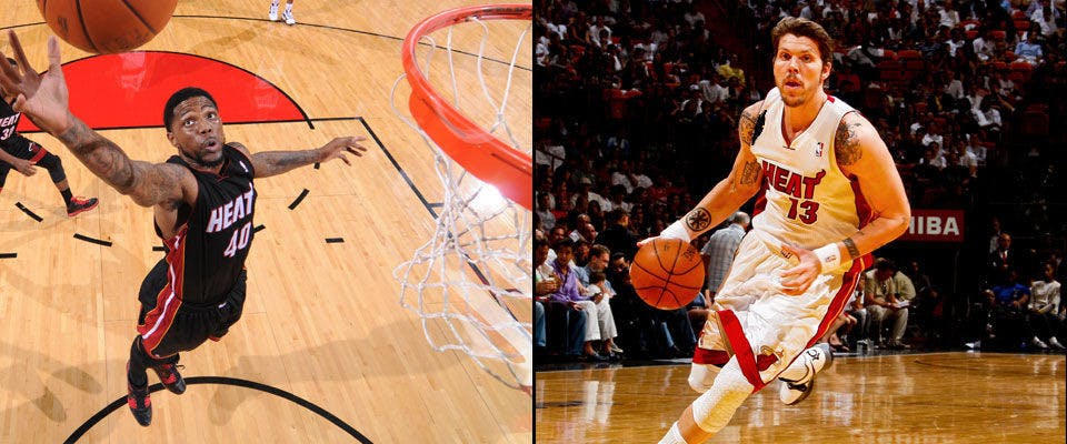 Former UF men’s basketball players Udonis Haslem (left) and Mike Miller (right) compete during the 2011-12 NBA regular season. Haslem and Miller have combined for five NBA championships and nine NBA Finals appearances.