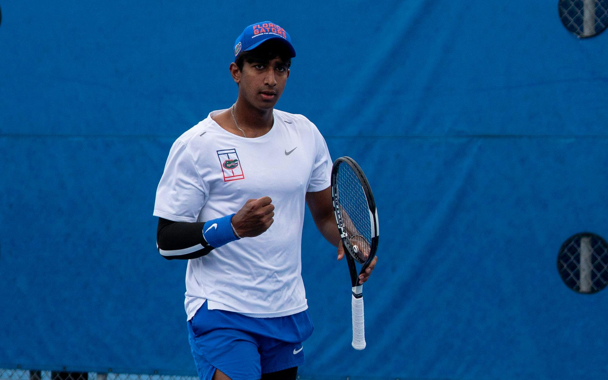 Florida’s Adhithya Ganesan celebrates in a NCAA men's singles tennis match against Oklahoma, Sunday, March 29, 2026, in Gainesville, Fla.