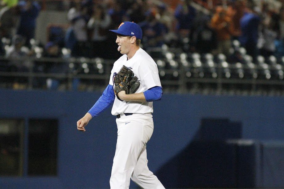 UF pitcher Michael Byrne sticks his tongue out during Florida's 5-4 win against William &amp; Mary on Feb. 17, 2017, at McKethan Stadium.