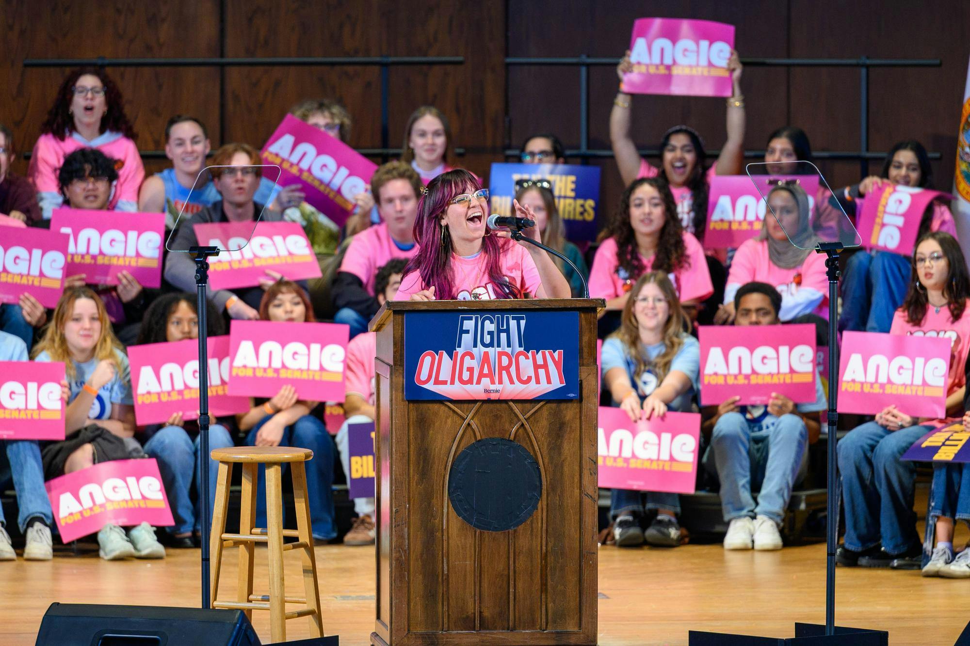 UF College Democrats organizing director Ana Perez speaks to attendees at a rally in UF’s University Auditorium, Sunday, Oct. 18, 2026, in Gainesville, Fla.