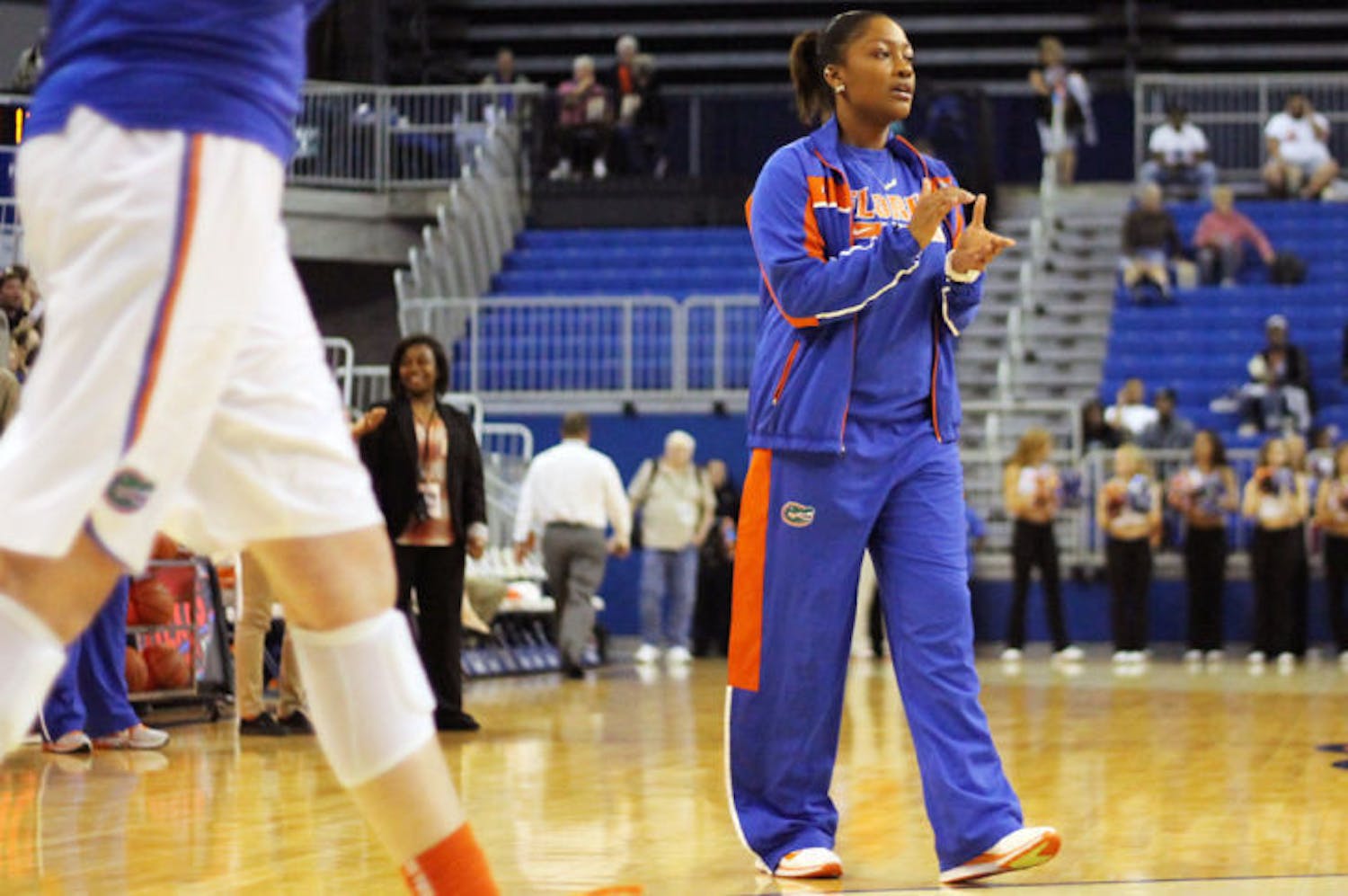 Antoinette Bannister claps during pregame warmups before Florida's 68-57 loss to Vanderbilt on Feb. 21 in the O'Connell Center. Bannister decided to leave North Carolina and transfer to UF in order to be closer to her mother, who has battled serious illness since October 2012. Bannister will be eligible to play for the Gators at the conclusion of the Fall 2013 semester.