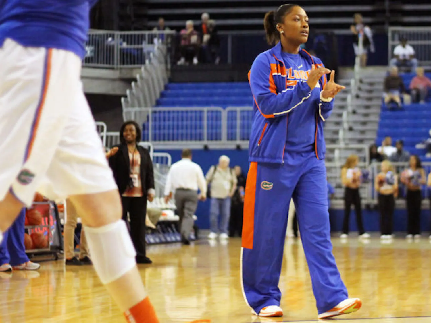 Antoinette Bannister claps during pregame warmups before Florida's 68-57 loss to Vanderbilt on Feb. 21 in the O'Connell Center. Bannister decided to leave North Carolina and transfer to UF in order to be closer to her mother, who has battled serious illness since October 2012. Bannister will be eligible to play for the Gators at the conclusion of the Fall 2013 semester.