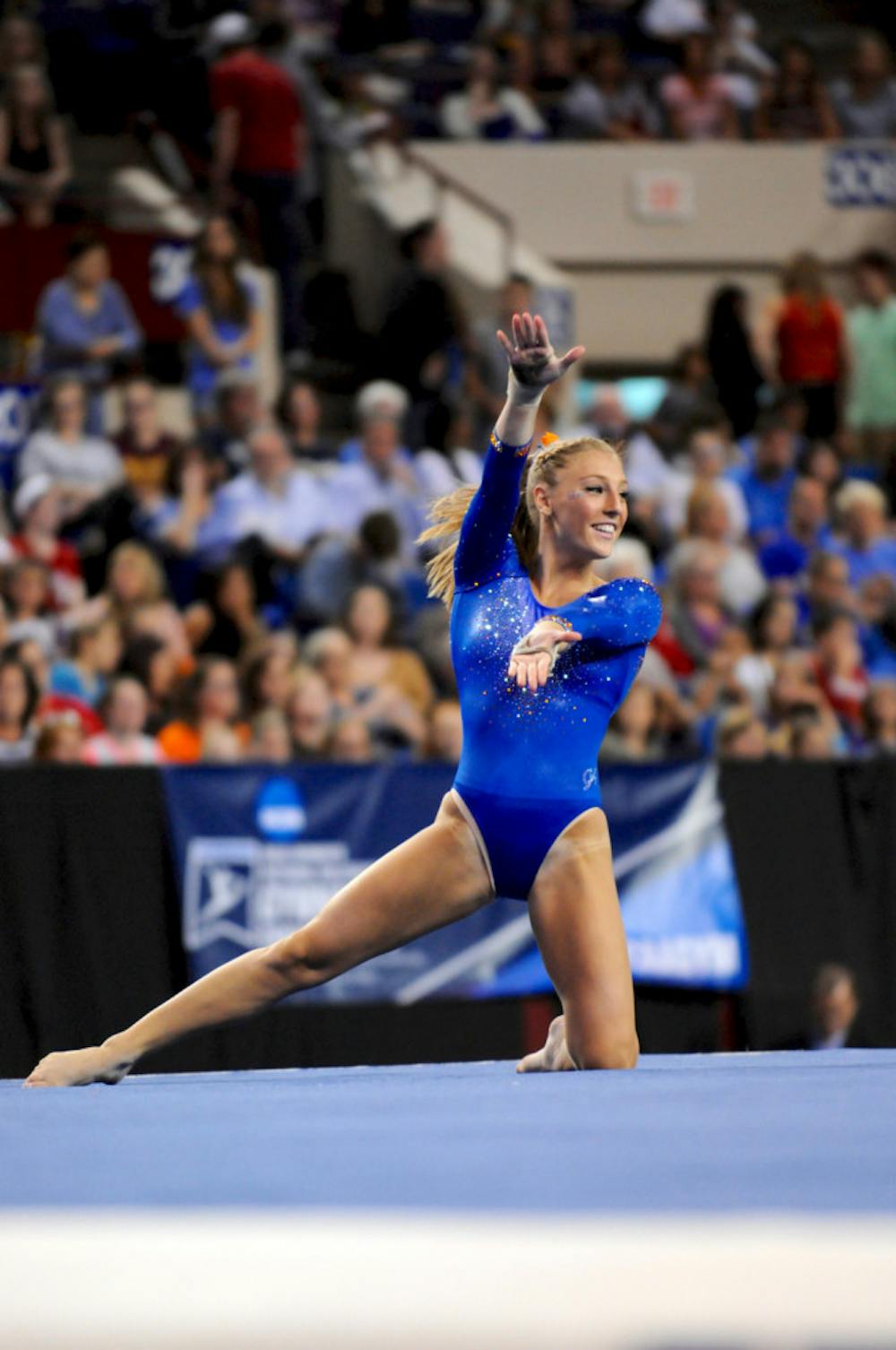 <p>Alex McMurtry Gator Chomps during her floor exercise routine during the NCAA Gymnastics Super Six on April 16, 2016, in Fort Worth, Texas.</p>