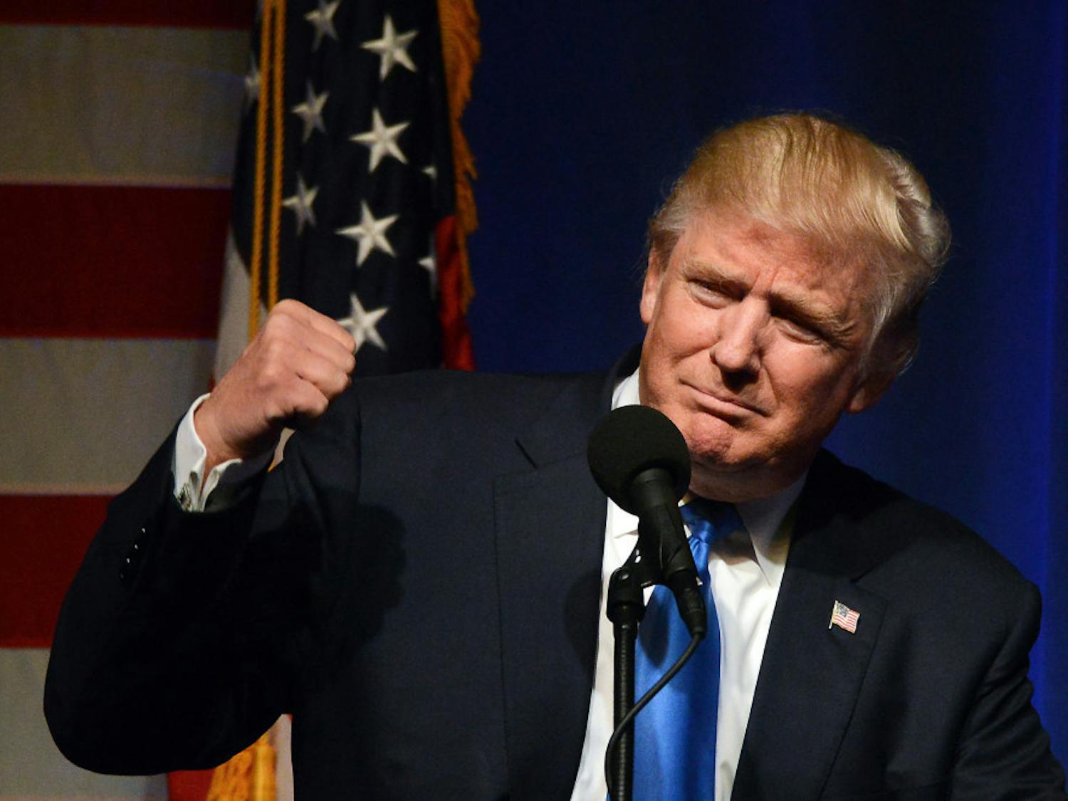 Republican presidential candidate Donald Trump pumps his fist during a campaign rally at the Lackawanna College Student Union in downtown Scranton, Pa., Monday, Nov. 7, 2016. (Butch Comegys/The Times & Tribune via AP)