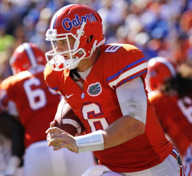Quarterback Jeff Driskel (6) carries the ball during Florida’s 27-20 victory against Louisiana on Nov. 10 at Ben Hill Griffin Stadium.&nbsp;
&nbsp;