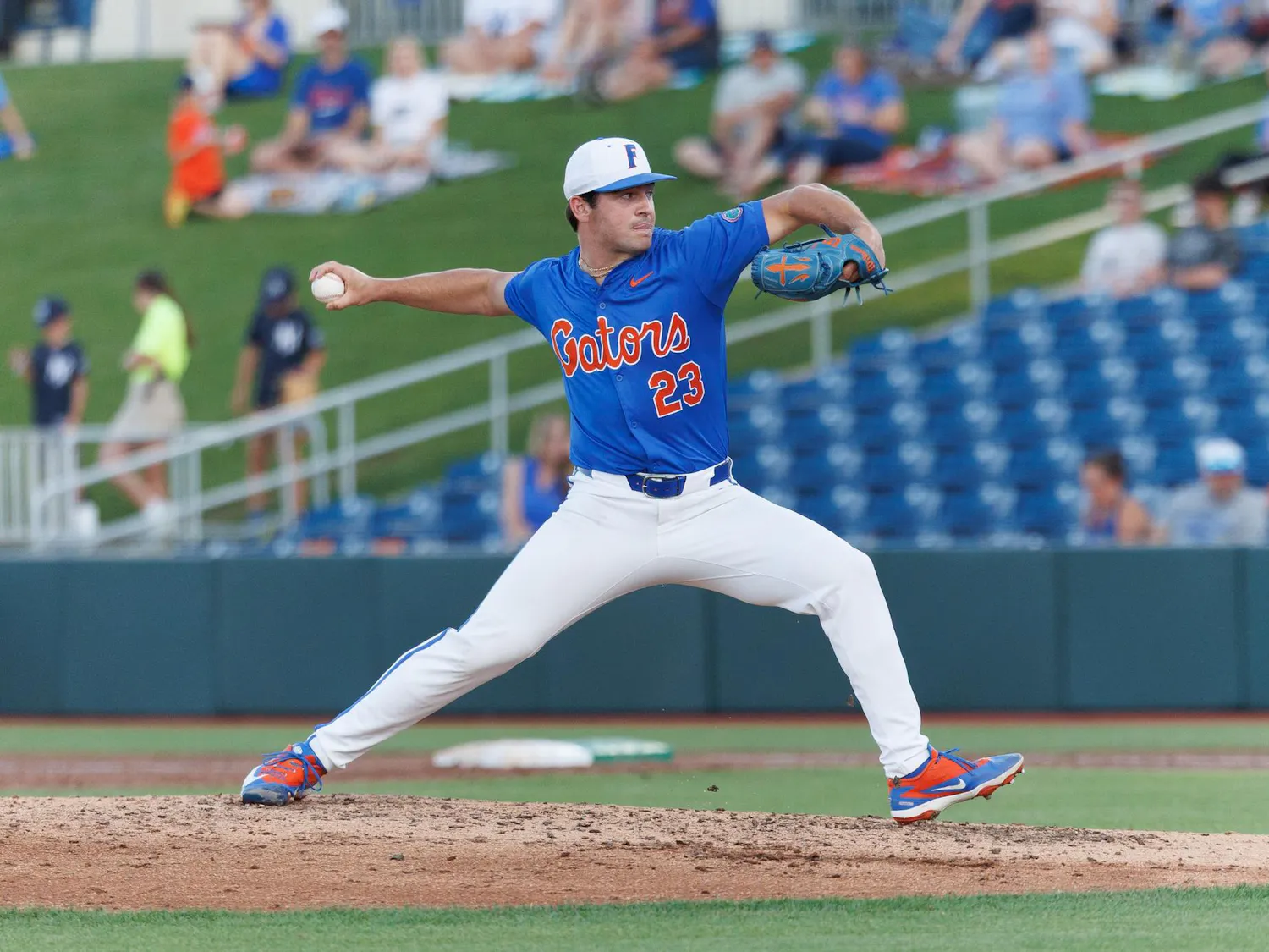Florida right-handed pitcher Billy Barlow (23) throws a pitch during an NCAA baseball game against Bethune-Cookman University, Tuesday, April 14, 2026, in Gainesville, Fla.