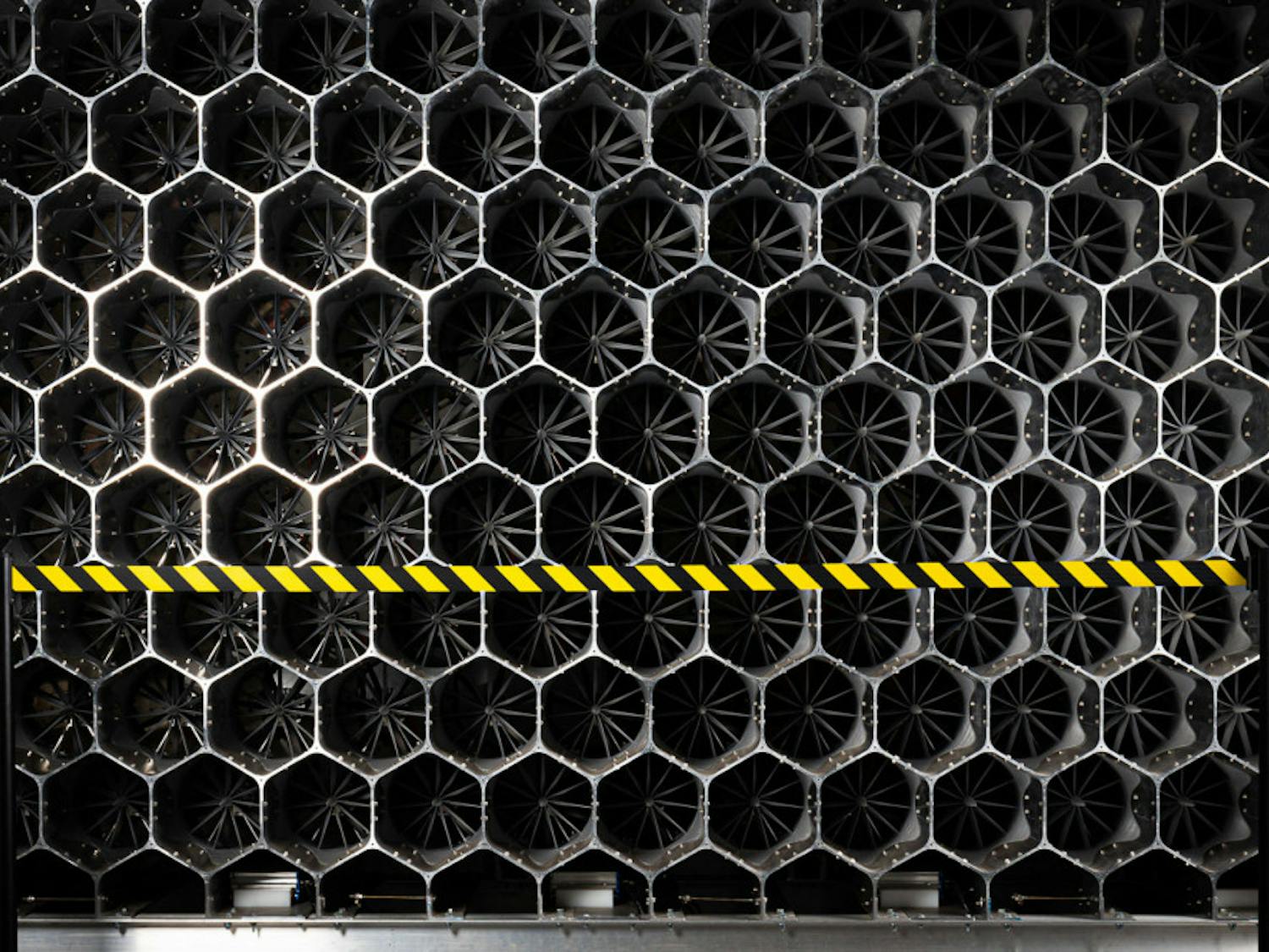 A newly constructed bank of 319 fans for the wind tunnel in UF's Powell Family Structures and Materials lab is capable of producing wind speeds of over 40 miles per hour, which at the scale of the tunnel is equivalent to hurricane force wind. 